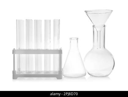 Set Laborglas auf weißem Hintergrund Stockfoto