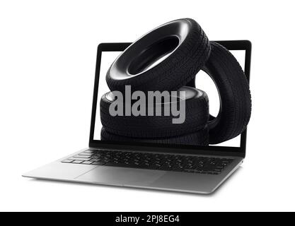 Online-Autoverkauf, Lieferservice. Moderner Laptop und Autoreifen auf weißem Hintergrund Stockfoto