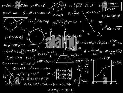 Viele verschiedene mathematische Formeln, die auf der Tafel stehen. Algebra und Geometrie Stockfoto