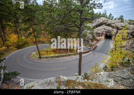 Malerische Eisenbahn- und Brücken auf der Iron Mountain Road zwischen Mount Rushmore und Custer State Park, South Dakota, Vereinigte Staaten von Amerika Stockfoto