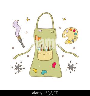 Künstlerschürze. Tasche mit Bürsten, Bleistiften, Farbrohr. Um sie herum flecken, Sterne, Farbpalette und Pinselstriche. Flecken in verschiedenen Farben. Vektorisolat Stock Vektor