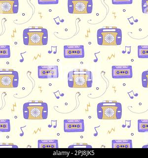 Nahtloses Muster mit altmodischem Audioplayer und Kopfhörern, Kassetten- und Musiknoten. Farbenfrohe Vektordarstellung, handgezeichnet. Verpackung oder fa Stock Vektor