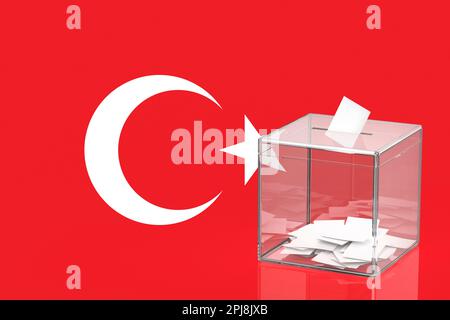 Wahlurnen mit türkischer Flagge, Konzeptbild für Wahlen in Türkiye Stockfoto