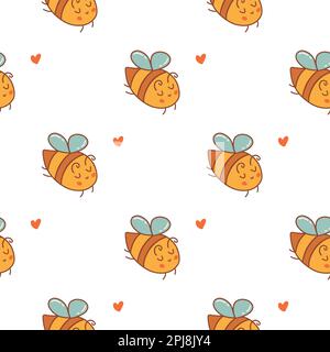 Nahtloses Muster mit glücklichen Bienen und Herzen. Vektordarstellung handgezeichnet. Weißer Hintergrund. Verpackung, Sommermuster oder Stoffstruktur. Leinwand oder Tex Stock Vektor