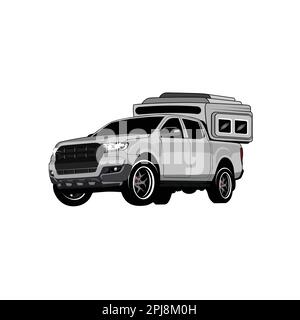 Campingkarawane für Familien-Wohnmobile. Touristenauto und Zelt für Outdoor-Erholung und Reisen. Mobiler Wohnwagen. Touristentransport, Road Trip Vehicle Stock Vektor