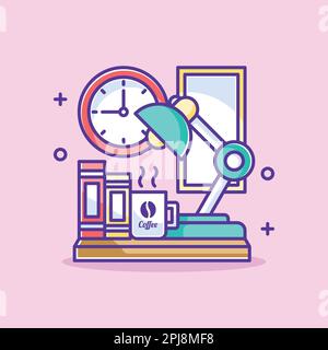 Niedlicher Arbeitsplatz mit Buch- und Lampenkartoon Stock Vektor