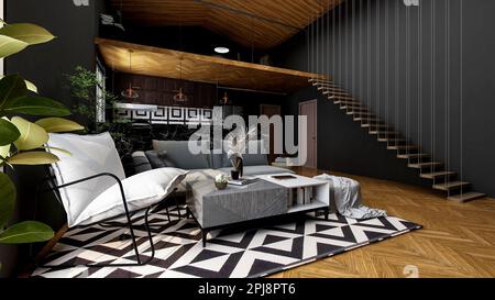 Moderne Loft-Wohnzimmereinrichtung mit dunkelgrauer Wand und Holzboden, 3D-Darstellung Stockfoto