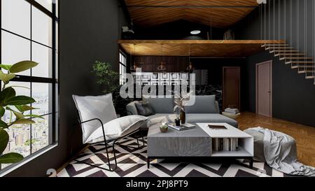 Moderne Loft-Wohnzimmereinrichtung mit dunkelgrauer Wand und Holzboden, 3D-Darstellung Stockfoto