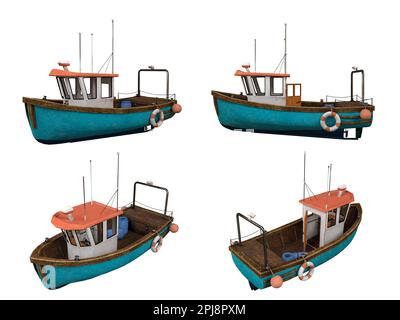 Cartoon Low Poly Fischerschiff auf weißem Hintergrund, Clipping Path, 3D-Rendering Stockfoto