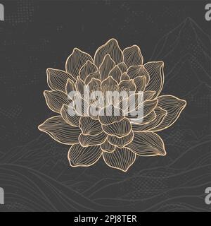 Lotus-Skizze mit feinen, anmutigen Linien. Isolierte Blume auf dunklem Hintergrund. Klassischer botanischer Lotus. Stock Vektor