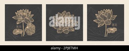 Freihand eines Lotus mit dünnen, anmutigen Linien vor einer Berglandschaft. Lotus Flower – Vorlage für Luxusdesign. Stock Vektor