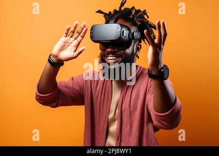 Ein afroamerikanischer Mann in einer VR-Brille auf gelbem Hintergrund, der versucht, etwas mit der Hand zu berühren, und Videospiele mit einem Virtual-Reality-Headset spielt. Stockfoto