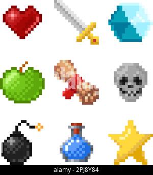 Satz von Pixelbildobjekten. 8-Bit-Icons-Kollektion im Retro-Game-Stil. Herz, Schwert, blaues Juwel, grüner Apfel, Schriftrolle, Schädel, Bombe, Mana-Elixier und Stern. V Stock Vektor