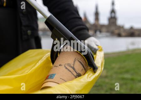 Dresden, Deutschland. 01. April 2023. Eine Kaffeetasse wird während des Reinigungstages der Elbe Meadows in der Stadt Dresden in eine gelbe Tüte mit einem Greifer gegeben. Das Einsatzgebiet erstreckt sich auf beiden Seiten der Elbe von Cossebaude bis Pillnitz und ist insgesamt 30 km lang. Kredit: Daniel Schäfer/dpa/Alamy Live News Stockfoto