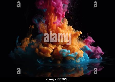 Explosion von bunten staubigen Wolken auf schwarzem Hintergrund Stockfoto