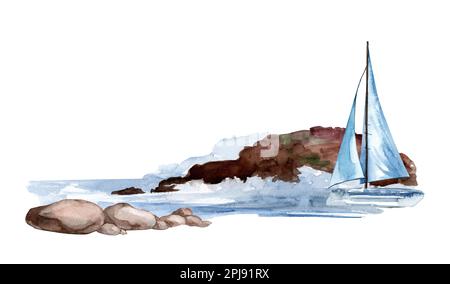 Küste mit einem Segelboot. Aquarelldarstellung. Handgezeichneter Strand mit Sandstrand und Felsen. Hintergrund der Naturszene. Stockfoto