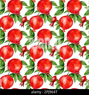 Aquarellmuster mit frischen Granatäpfeln und Blättern. Speisen und Getränke. Stockfoto