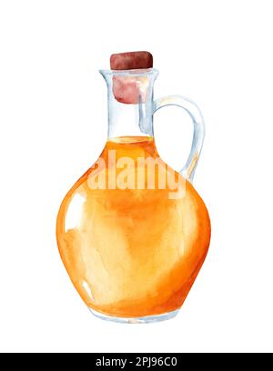 Eine Flasche frisches Öl. Handgezeichnetes Aquarellgemälde isoliert auf weißem Hintergrund Stockfoto