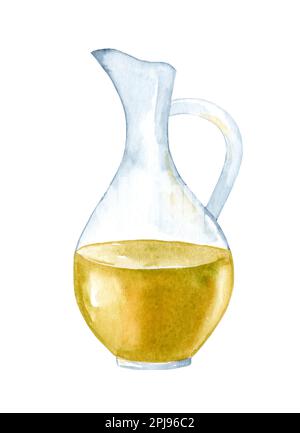 Eine Flasche frisches Olivenöl. Handgezeichnetes Aquarellgemälde isoliert auf weißem Hintergrund Stockfoto