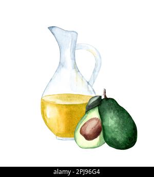 Frische reife Avocado mit Krug Avocado-Öl, Aquarell handgezeichnete Illustration isoliert auf weißem Hintergrund Stockfoto