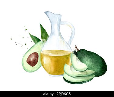 Frische reife Avocado mit Krug Avocado-Öl, Aquarell handgezeichnete Illustration isoliert auf weißem Hintergrund Stockfoto