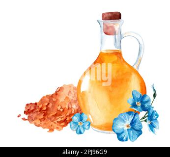 Glasflasche mit Leinöl und blauen Flachsblumen. Biologisches Erzeugnis. Natürliche kulinarische Zutat. Aquarelldarstellung Stockfoto