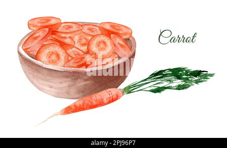 Schüssel mit gehackten Karotten. Handgezeichnete Aquarell-Illustration Stockfoto
