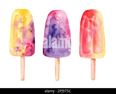 Sammlung von Eis auf einem Stock mit Früchten und Waffeln auf weißem Hintergrund. Illustration im Vintage-Aquarell-Stil. Stockfoto