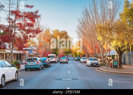 Adelaide Hills, Südaustralien - 24. April 2021: Blick auf die Hahndorf Main Street mit Autos, die während der Herbstsaison bei Sonnenuntergang an Cafés geparkt werden Stockfoto