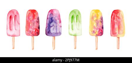 Süßigkeiten und Obst, Fruchteis und Eis, Sommerelemente auf isoliertem weißem Hintergrund, Aquarell-Illustration, Handzeichnung Stockfoto