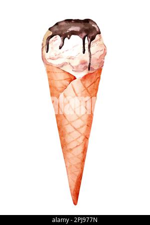 Vanilleeis in Waffelform mit Schokoladeneis. Handgezeichnete Aquarelle mit Sommerdessert Stockfoto