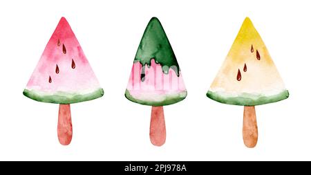Wassermelonen-saftige Eiscreme, helle, hausgemachte Eiscreme; Aquarell-Illustration Stockfoto