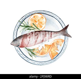 Forelle mit Zitrone und Rosmarin auf einer Keramikplatte. Handgezeichnete Aquarell-Illustration Stockfoto