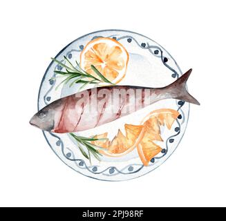 Forelle mit Zitrone und Rosmarin auf einer Keramikplatte. Handgezeichnete Aquarell-Illustration Stockfoto