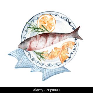 Forelle mit Zitrone und Rosmarin auf einer Keramikplatte. Handgezeichnete Aquarell-Illustration Stockfoto