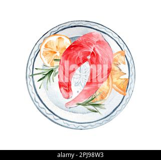 Forelle mit Zitrone und Rosmarin auf einer Keramikplatte. Handgezeichnete Aquarell-Illustration Stockfoto