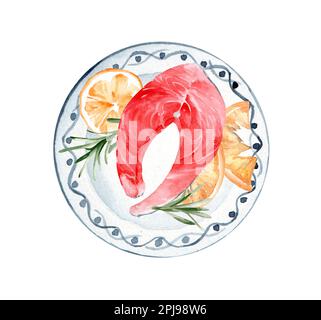 Forelle mit Zitrone und Rosmarin auf einer Keramikplatte. Handgezeichnete Aquarell-Illustration Stockfoto