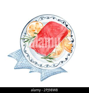 Forelle mit Zitrone und Rosmarin auf einer Keramikplatte. Handgezeichnete Aquarell-Illustration Stockfoto