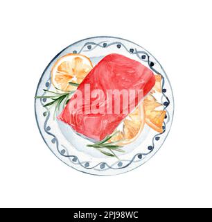 Forelle mit Zitrone und Rosmarin auf einer Keramikplatte. Handgezeichnete Aquarell-Illustration Stockfoto