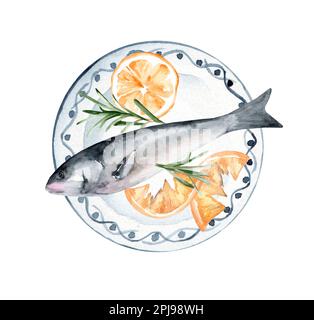 Forelle mit Zitrone und Rosmarin auf einer Keramikplatte. Handgezeichnete Aquarell-Illustration Stockfoto