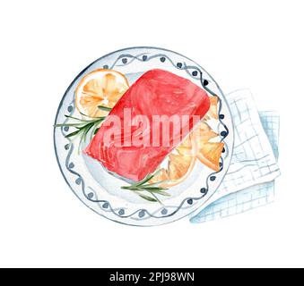 Forelle mit Zitrone und Rosmarin auf einer Keramikplatte. Handgezeichnete Aquarell-Illustration Stockfoto