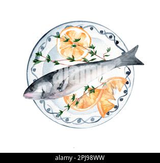 Forelle mit Zitrone und Thymian auf einer Keramikplatte. Handgezeichnete Aquarell-Illustration Stockfoto