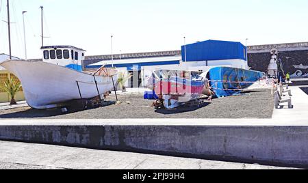 Migrantenboote im Hafen von La Restinga, El Hierro, Kanarische Inseln, Spanien, Europa, Stockfoto