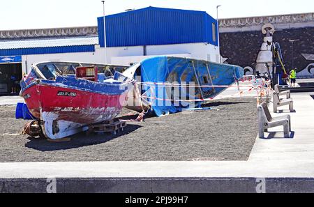 Migrantenboote im Hafen von La Restinga, El Hierro, Kanarische Inseln, Spanien, Europa, Stockfoto