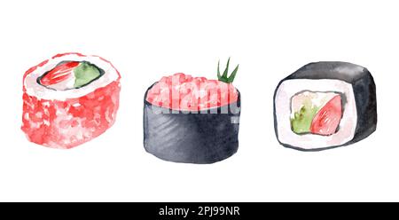 Aquarellfarben-Illustrationen von Sushi und Brötchen. Gunkan, philadelphia, kalifornien, Rollen Sie mit Lachs, Avocado und Gurke. Fisch und Meeresfrüchte, Kaviar Stockfoto