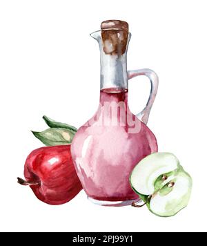 Glas Apfelwein-Essig. Handgezeichnete Aquarell-Darstellung isoliert auf weißem Hintergrund. Stockfoto