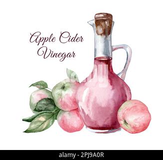 Glas Apfelwein-Essig. Handgezeichnete Aquarell-Darstellung isoliert auf weißem Hintergrund. Stockfoto