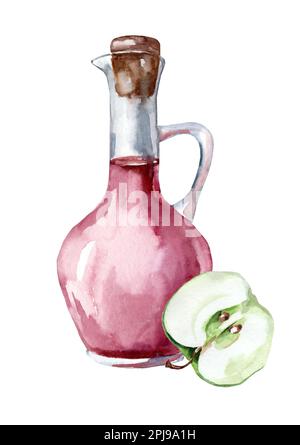 Glas Apfelwein-Essig. Handgezeichnete Aquarell-Darstellung isoliert auf weißem Hintergrund. Stockfoto