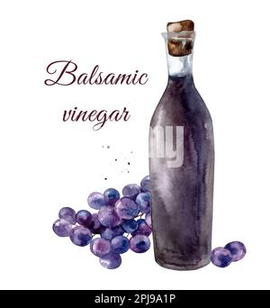 Glas mit Rotweinessig. Aquarell handgezeichnete Illustration, isoliert auf weißem Hintergrund Stockfoto