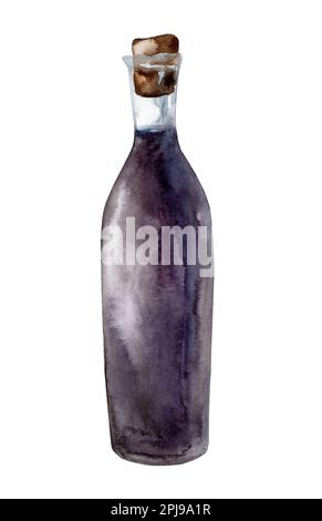 Glas Balsamico-Essig. Handgezeichnete Aquarell-Darstellung isoliert auf weißem Hintergrund Stockfoto